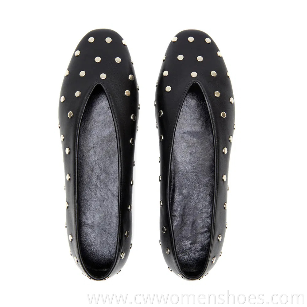 Almond Toe V Cut Studded Women Shoes Ballet Flats Women Calfskin Black White Leather Luxury Hand Made Flat